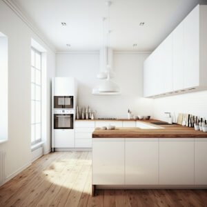 Minimalist modern white kitchen with wooden floor. Natural light. interior design. Ai generative